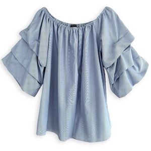 VIVID Pinstriped Puff Sleeve Ruffle Off The Shoulder Blouse